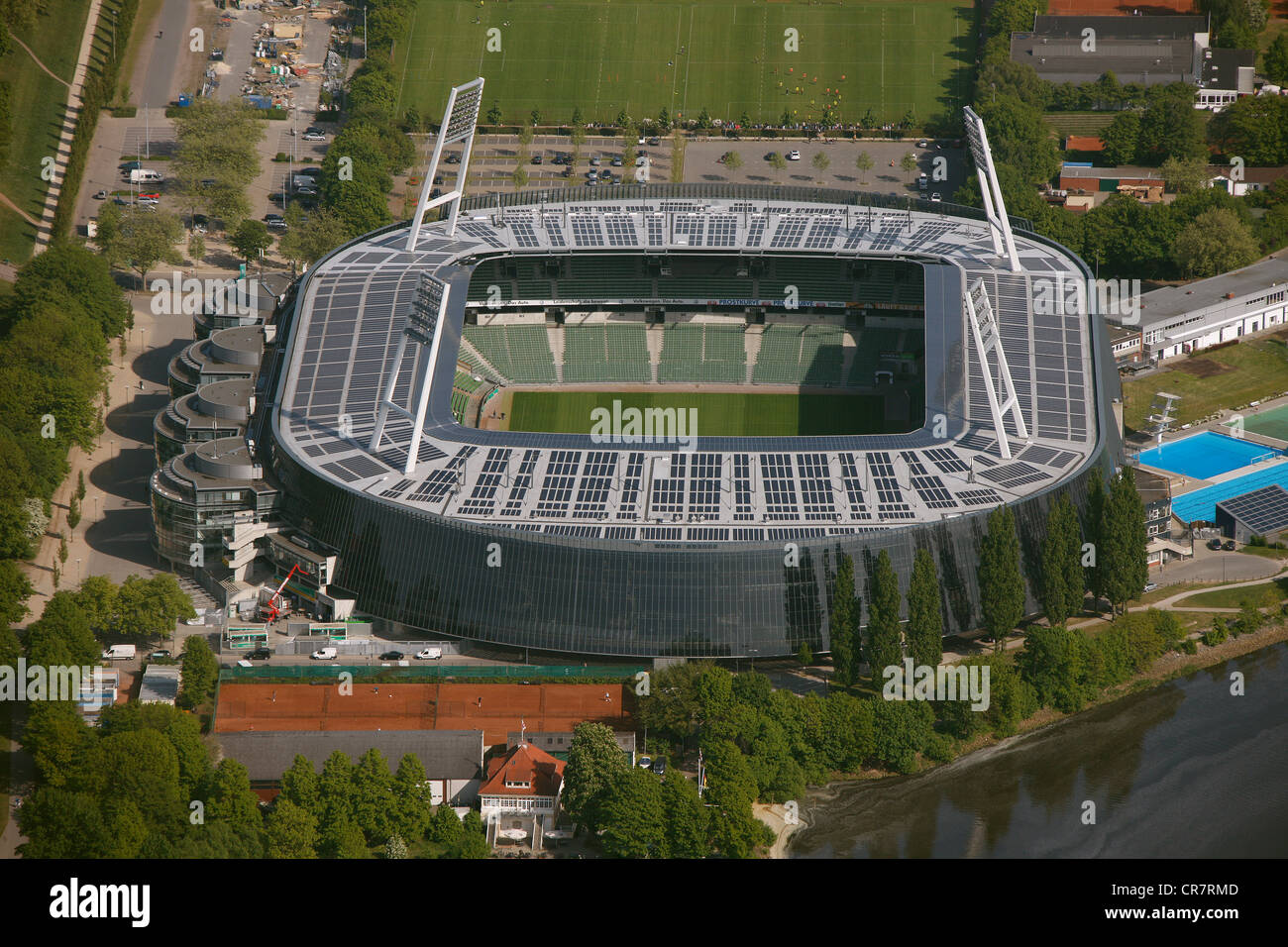 Aerial view, Weserstadion, stadium with solar panels on the roof, Bremen, Germany, Europe Stock Photo