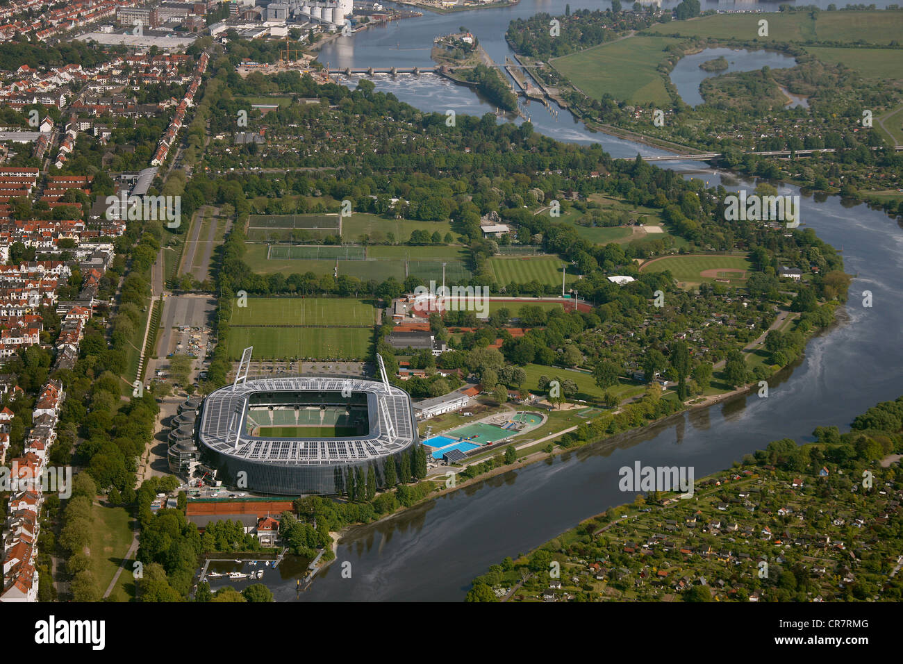 Aerial view, Weserstadion, stadium with solar panels on the roof, Weserburg Museum, Kleine Weser arm of the river, Bremen Stock Photo