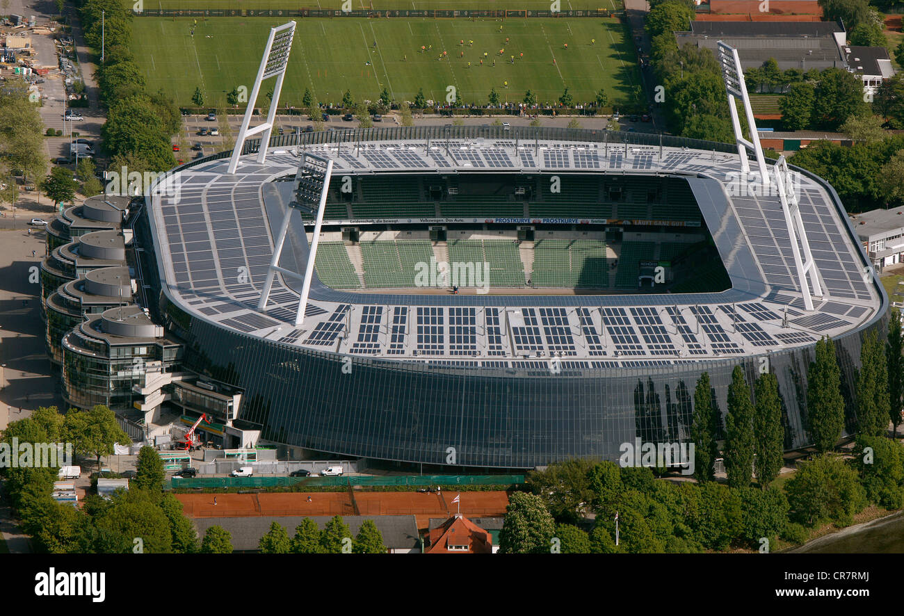 Aerial view, Weserstadion, stadium with solar panels on the roof, Bremen, Germany, Europe Stock Photo