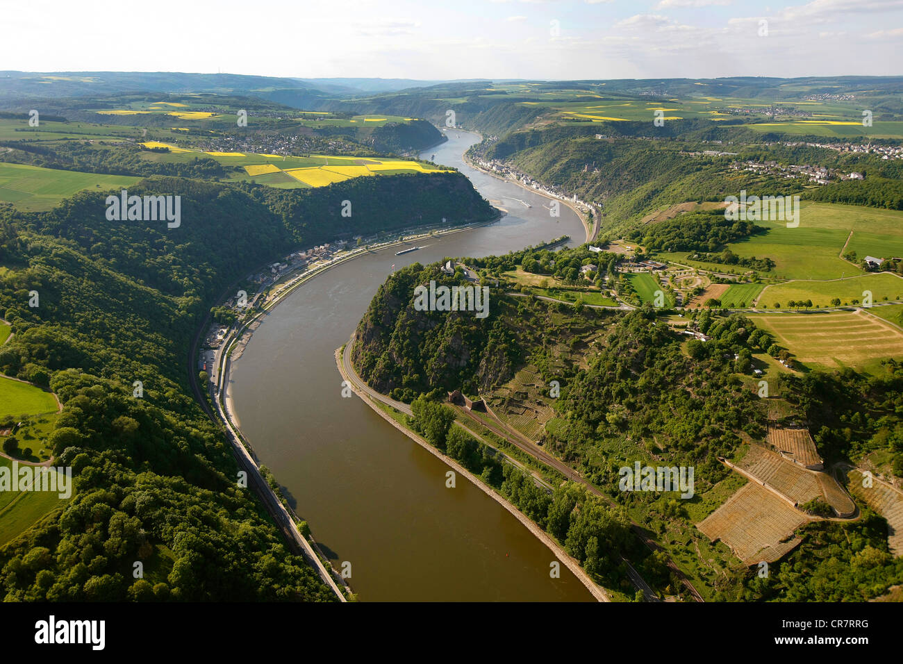 Aerial view, Loreley rock, Urbar, Rhine River, low water, Upper Middle Rhine Valley World Heritage site, Rhineland-Palatinate Stock Photo