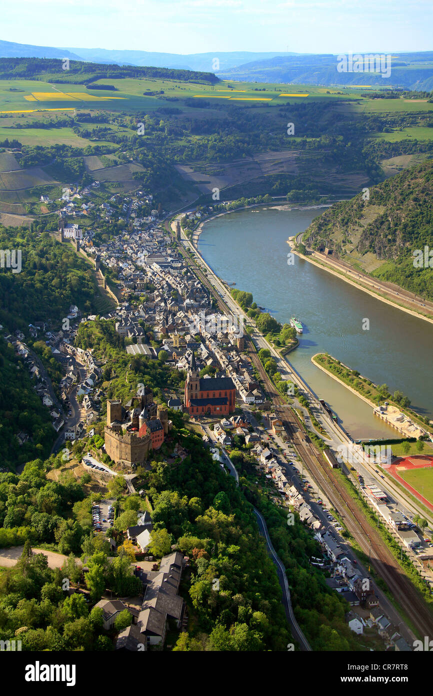 Aerial view, Burghotel Auf Schoenburg Hotel, castle, Rhine River, Sankt ...