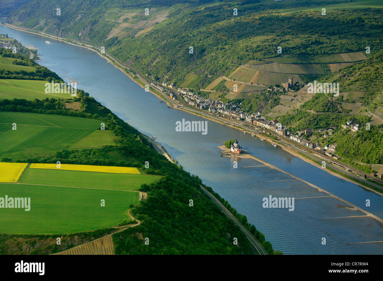 Aerial view, Altes Zollhaus building, low water, Lorch, Palatinate region, Hesse, Germany, Europe Stock Photo