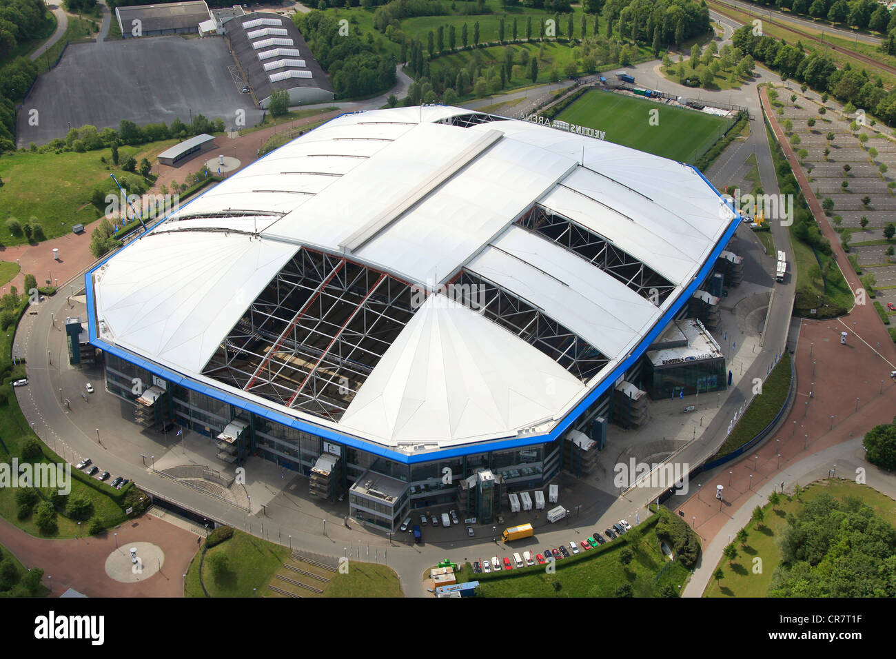 Aerial view, Veltins-Arena football stadium, roof of the Arena AufSchalke stadium being repaired, ripped canvas roof Stock Photo