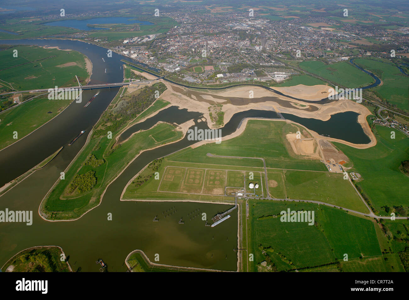 Aerial view, Lippe estuary, Lippe conversion, construction site, Rhine river, Lippe Association