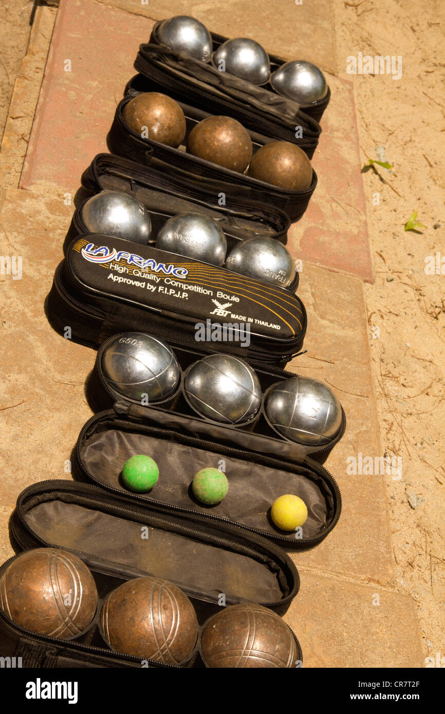 Boules in cases in play area of Hotel Stock Photo