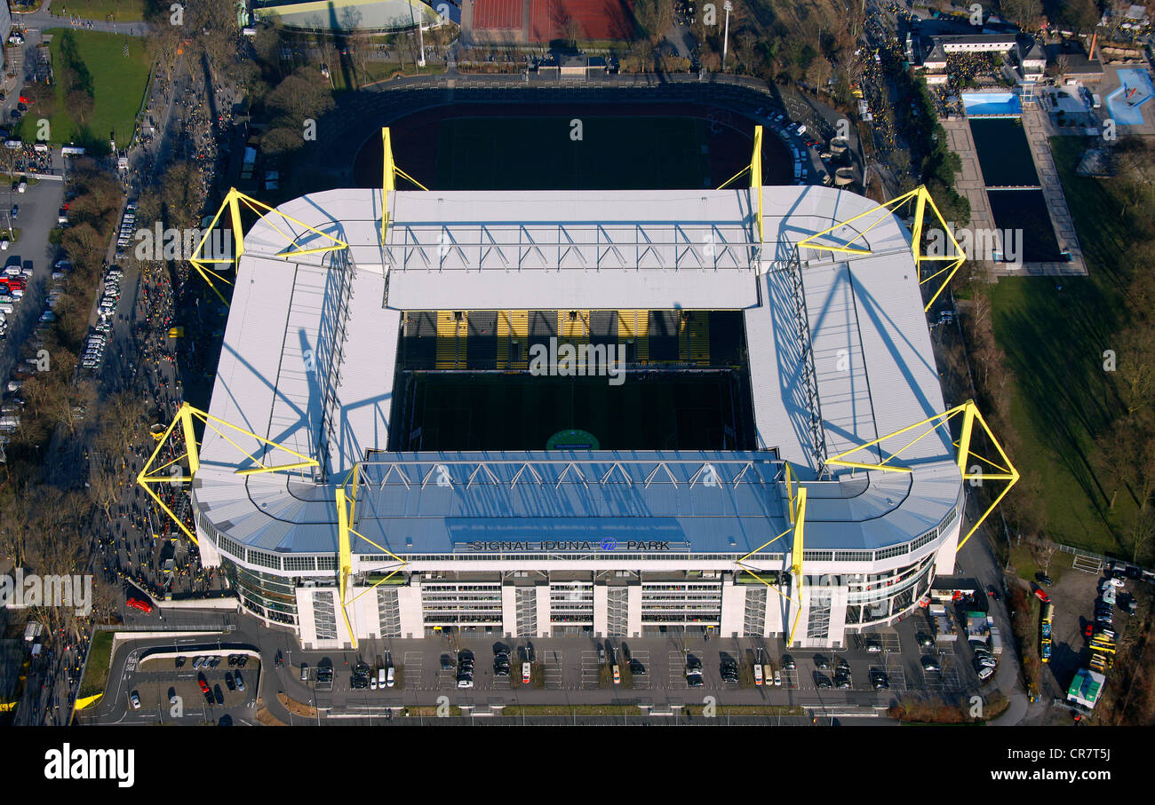 Aerial view, Signal Iduna Park stadium, Dortmund, Ruhrgebiet region, North Rhine-Westphalia, Germany, Europe Stock Photo