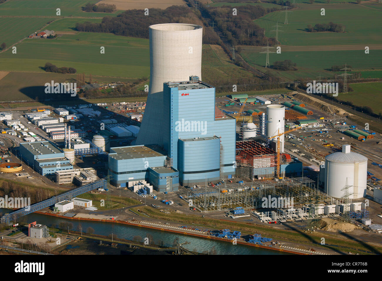 Aerial view, Kohlekraftwerk EON Datteln 4 coal power plant, on the Dortmund-Ems Canal, building freeze, Castrop-Rauxel Stock Photo