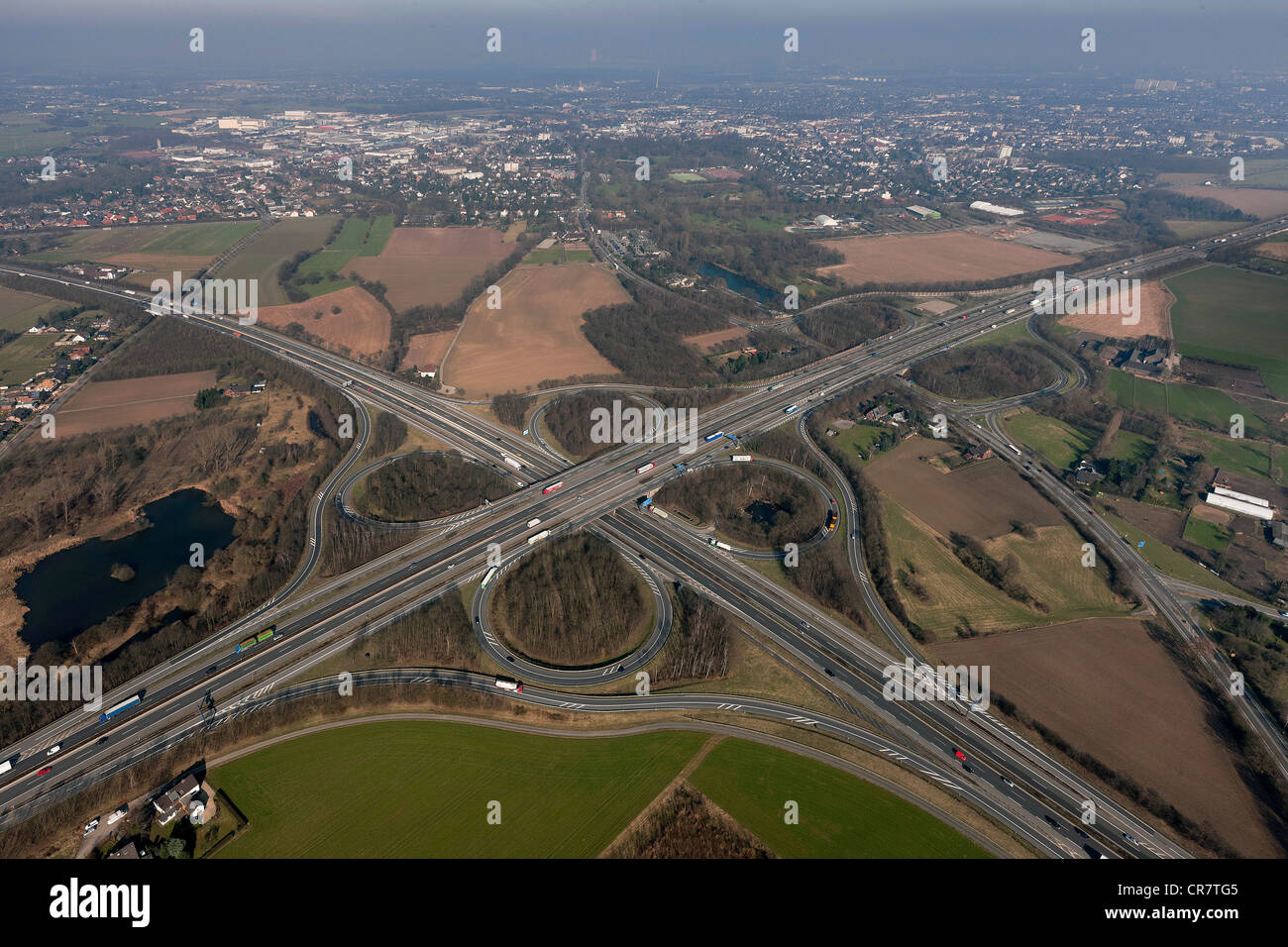 Aerial view, Autobahnkreuz Moers, A40 and A57 freeway intersection, Moers Exit 8, Moers, Lower Rhine, North Rhine-Westphalia Stock Photo