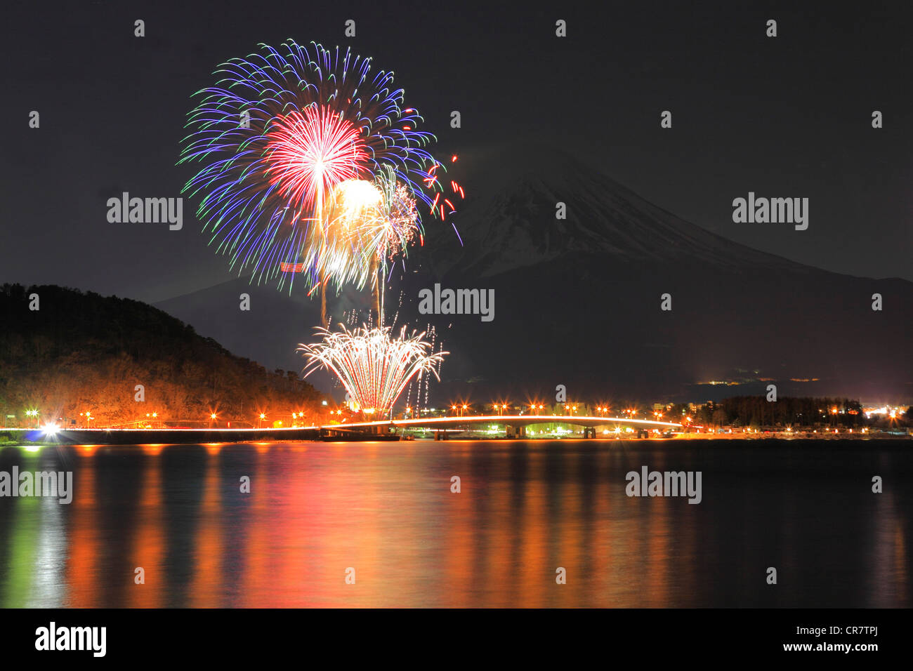 Fireworks in front of Mt Fuji Stock Photo