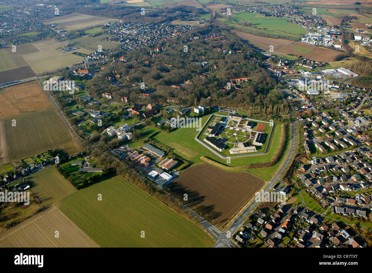 Aerial view, LVR Klinik Bedburg-Hau hospital, preventive custody, Goch, Niederrhein area, North Rhine-Westphalia Stock Photo