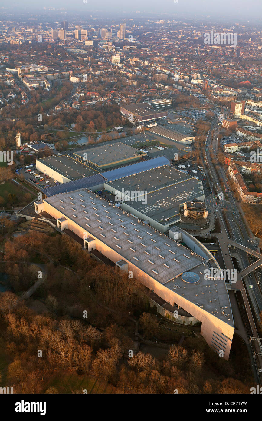 Aerial view, Messe Essen, Gruga, exhibition location, Essen, Ruhrgebiet region, North Rhine-Westphalia, Germany, Europe Stock Photo