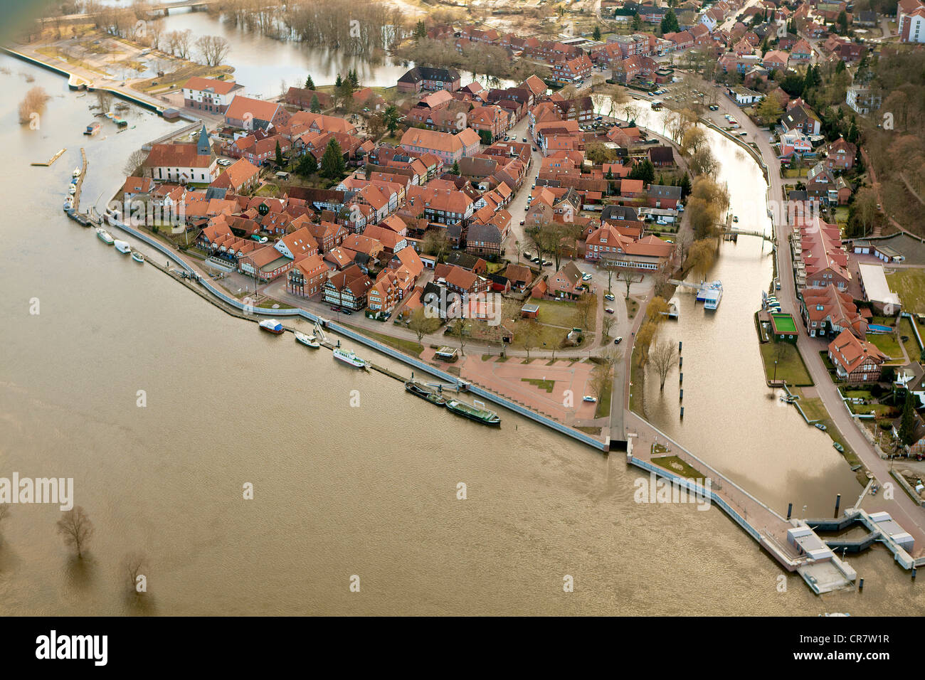Aerial view, Hitzacker on the Elbe River, historic town centre, Jeetzel, Elbe Valley Nature Park, winter floods, Lower Saxony Stock Photo