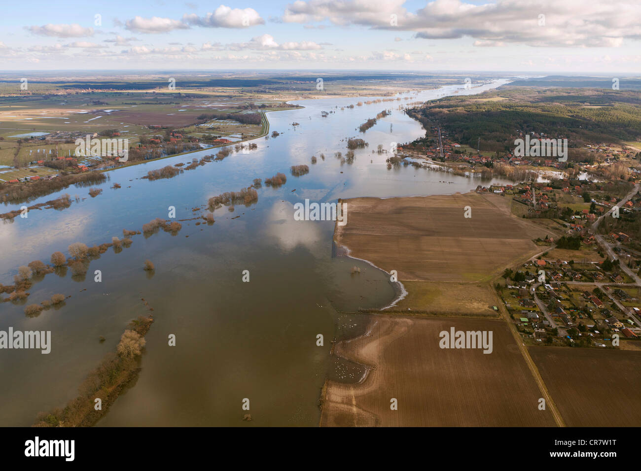 Aerial view, Neu Darchau, Elbe River, Elbe Valley Nature Park, winter floods, Lower Saxony, Germany, Europe Stock Photo