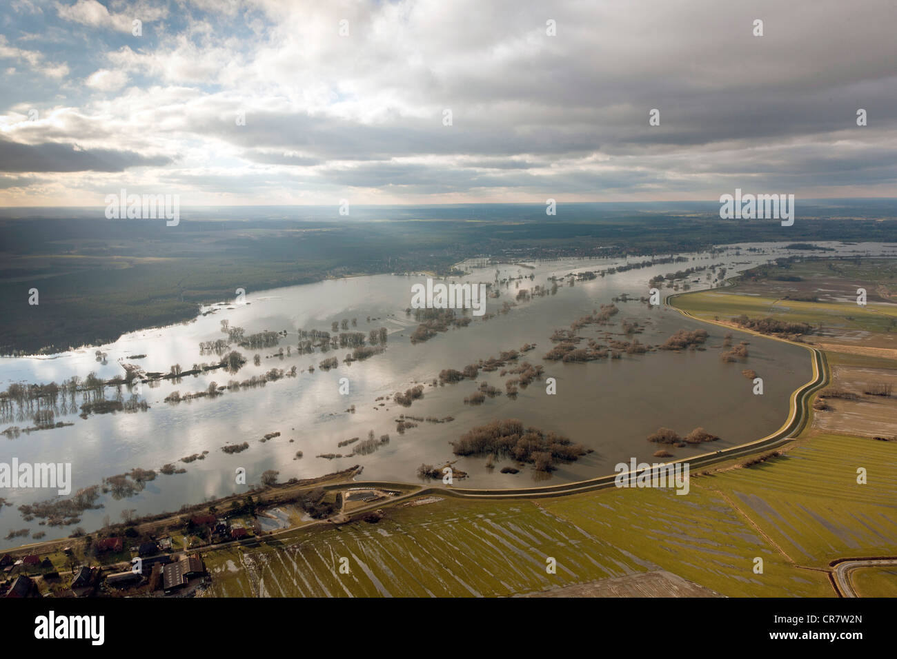 Aerial view, Amt Neuhaus, Hitzacker, Elbe River, dam, dyke, Elbe Valley Nature Park, winter floods Stock Photo