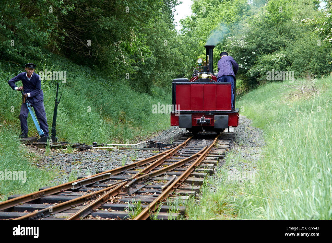 Bala Lake Railway - engine running round its train. Loco 'Alice' is an original Quarry Hunslet. Stock Photo