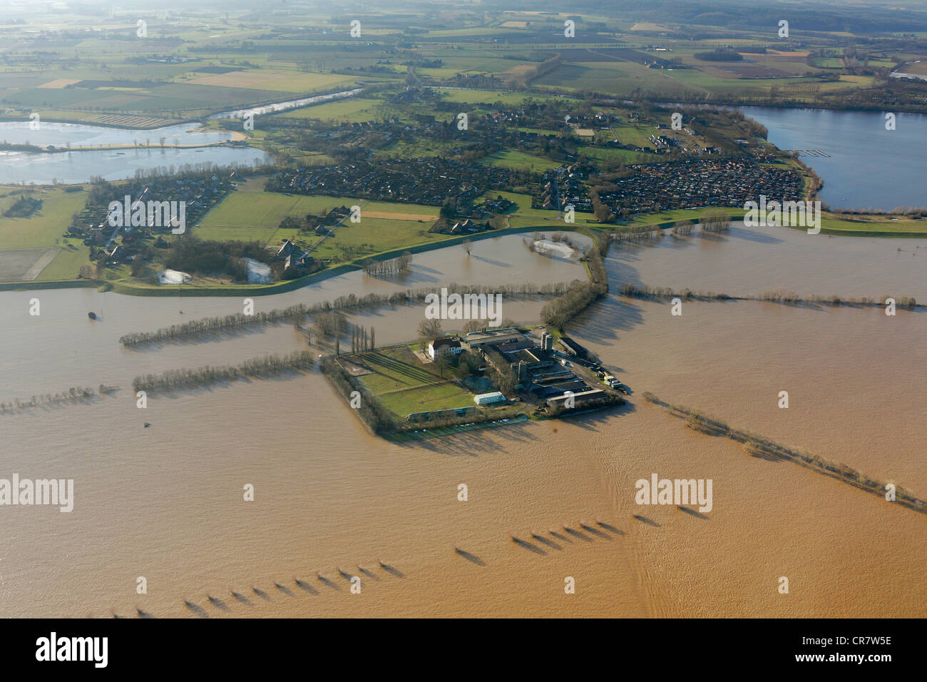 Flooded farm in the Rhine River near Xanten, Rheinauen, Rhine floodplains, North Rhine-Westphalia, Germany, Europe Stock Photo