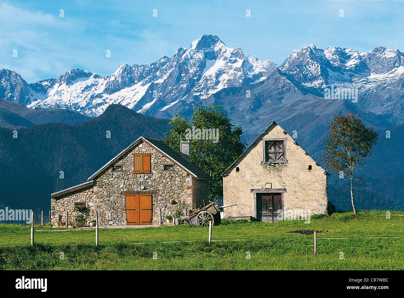 France, Ariege, Cominac, in Couserans barns and Mount Valier (2838m) Stock Photo