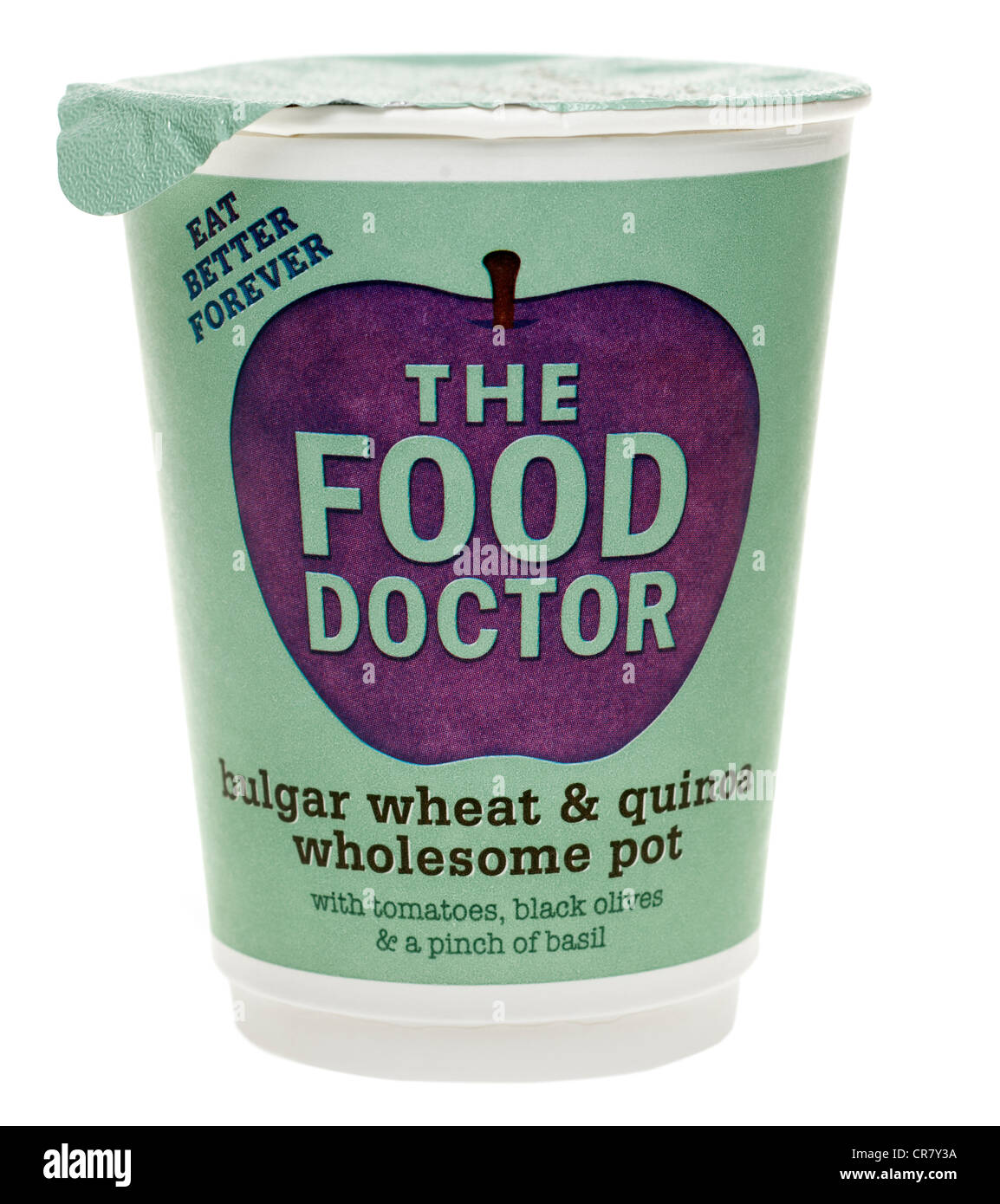Carton of wholesome vegetable herbs and wheat dehydrated snack pot tub from The Food Doctor Stock Photo