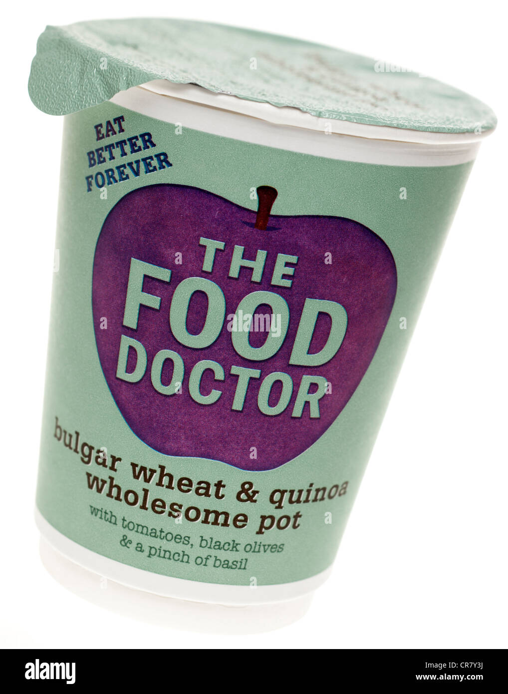 Carton of wholesome vegetable herbs and wheat dehydrated snack pot tub from The Food Doctor Stock Photo