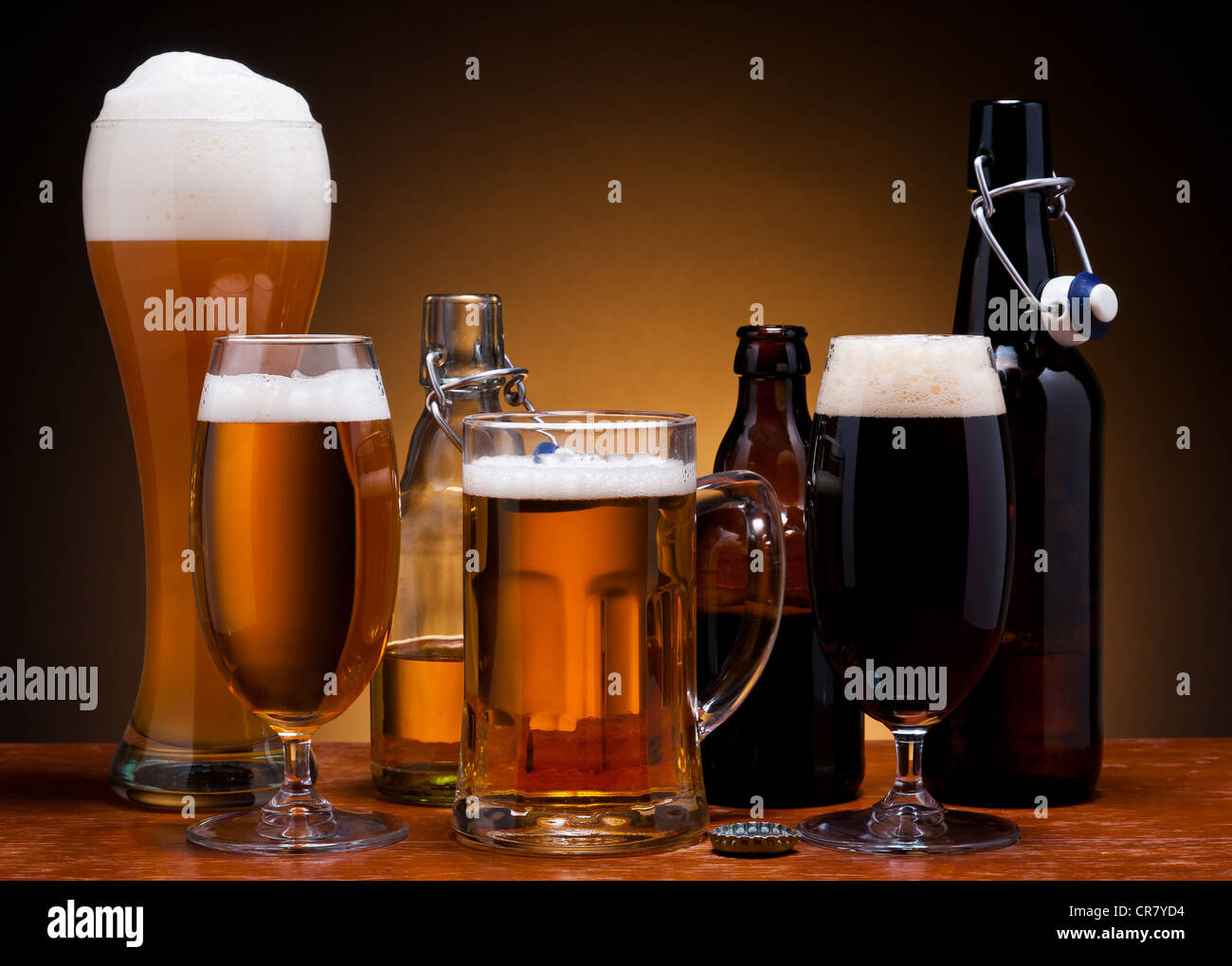 still life with different types of beer in glass and bottle Stock Photo