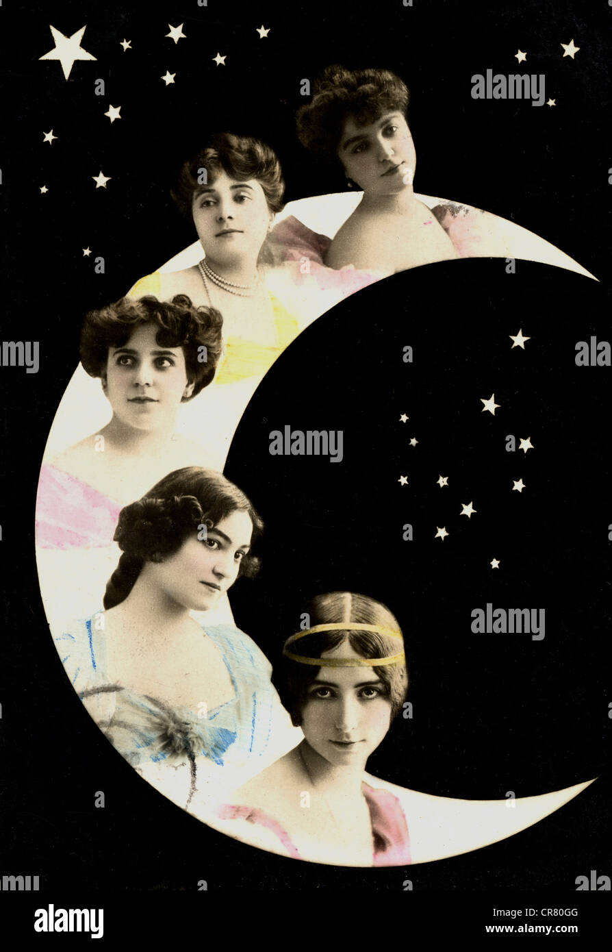 Women's portraits on the moon, historical illustration, 1905 Stock Photo