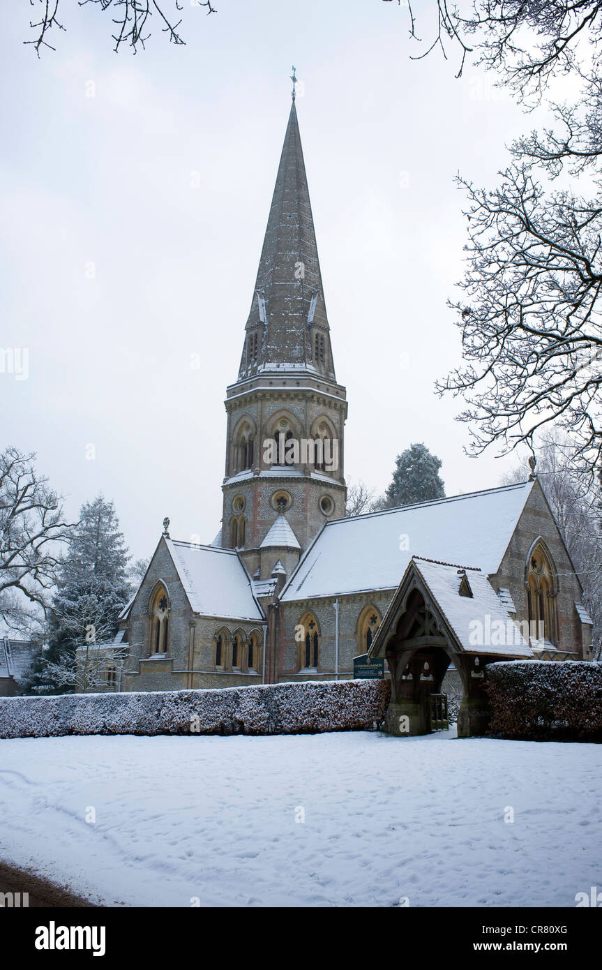 St Barnabas Church in winter, Ranmore common, Surrey. Stock Photo