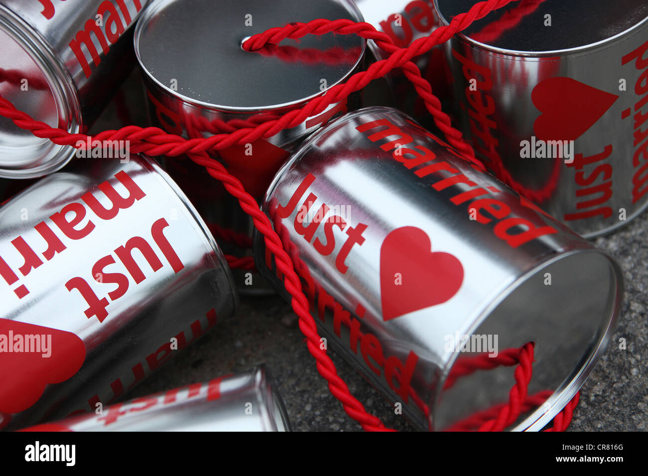 Cans or tins labelled 'just married', for tying to the wedding car Stock Photo