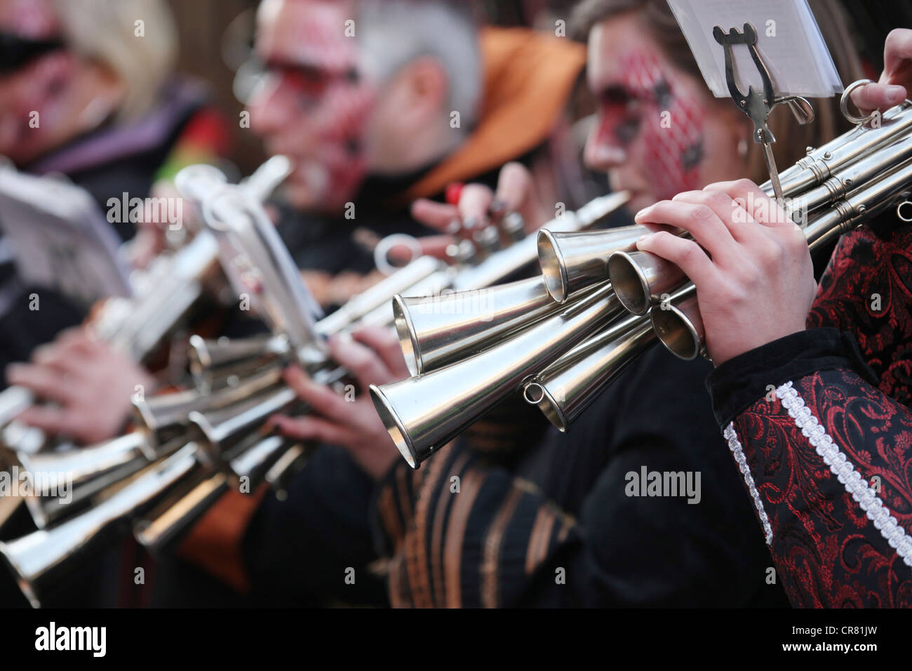 Band with horns, Carnival street parade, Cologne, North Rhine-Westphalia, Germany, Europe Stock Photo