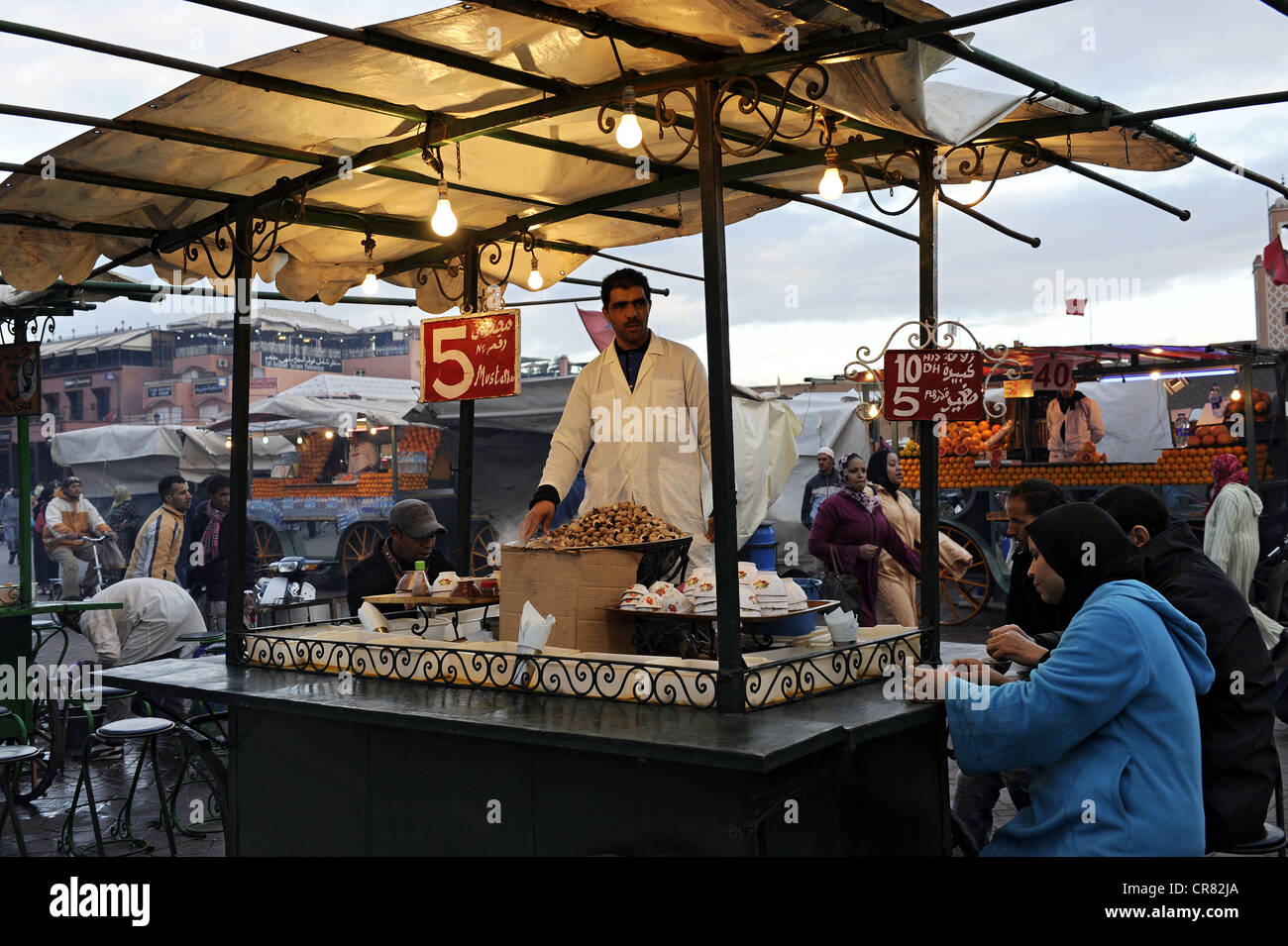 Food stall on the Jemaa el-Fnaa square, UNESCO World Heritage Site, Marrakech, Morocco, Maghreb, North Africa, Africa Stock Photo