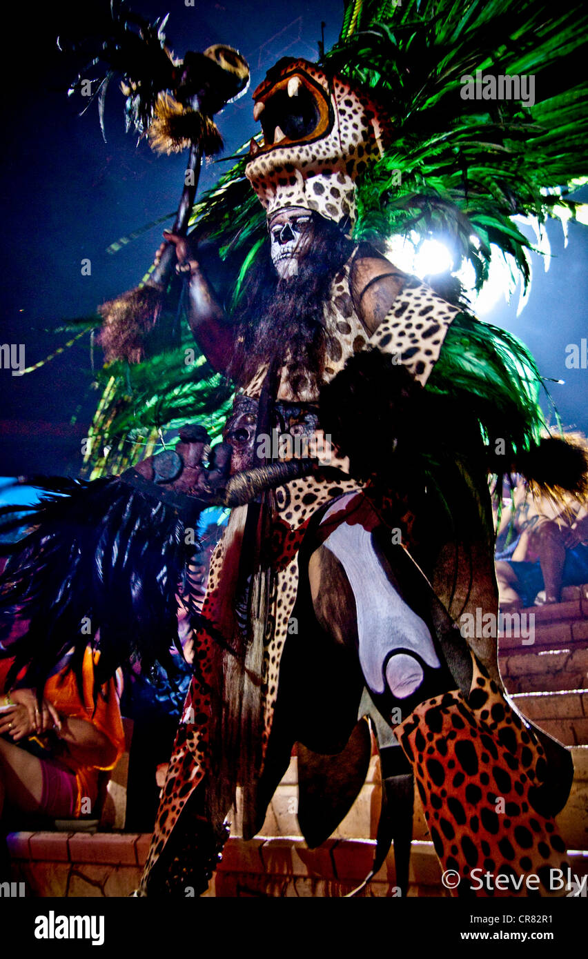 A masked maya mystical actor performing a ritual in Xcaret Park, Riviera  Maya Stock Photo - Alamy