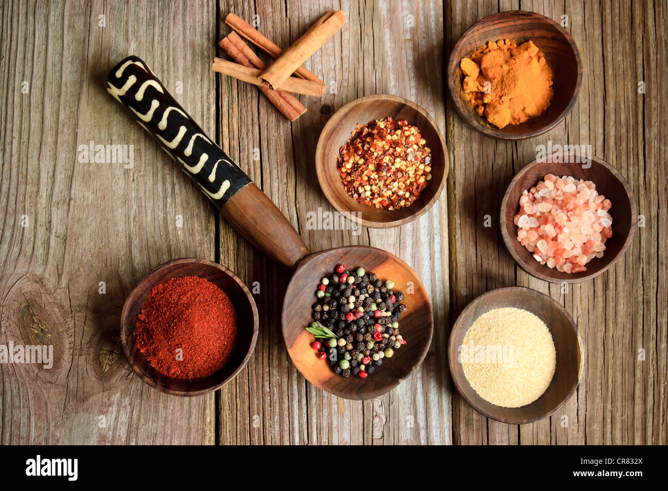 Collection of spices in wooden bowls Stock Photo