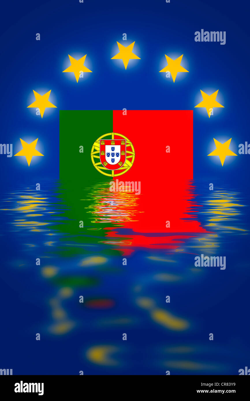 EU-stars with the flag of Portugal sinking in water, symbolic image, euro crisis Stock Photo