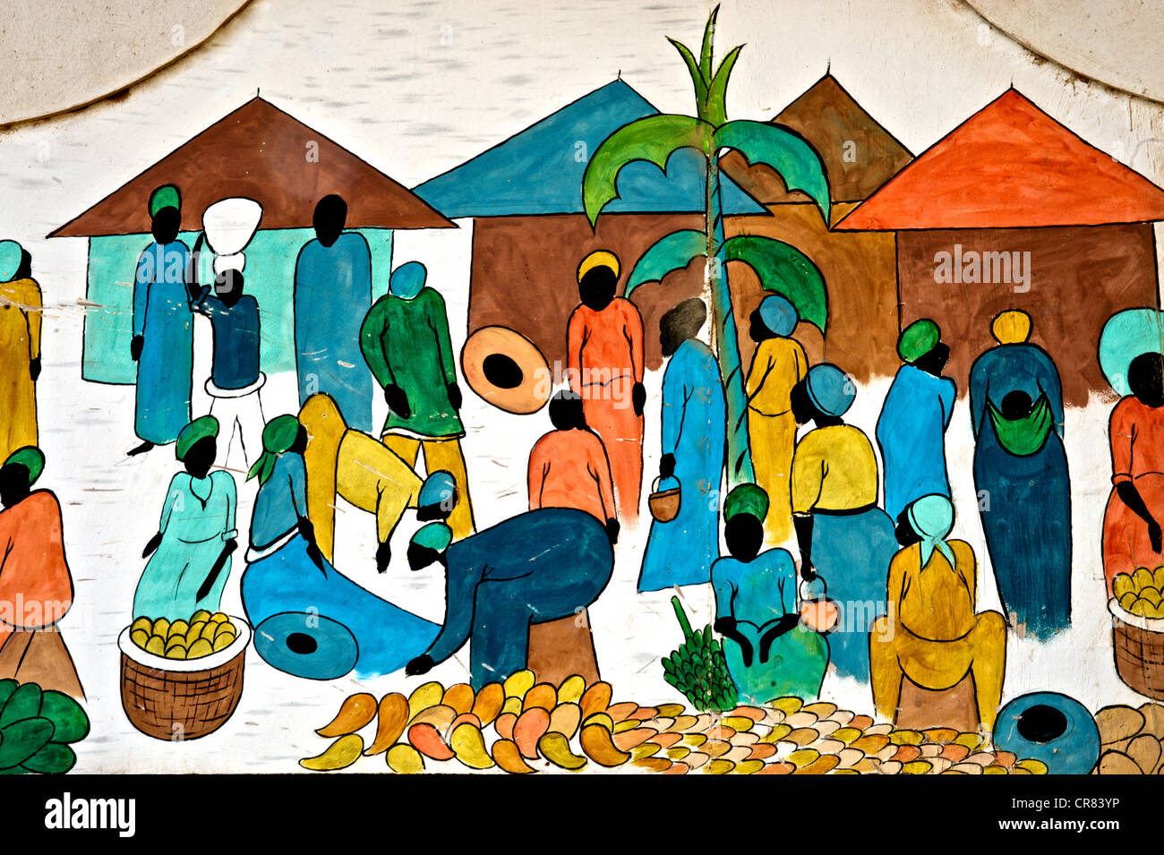 Artistic detail of colorful drawing depicting African life Stock Photo