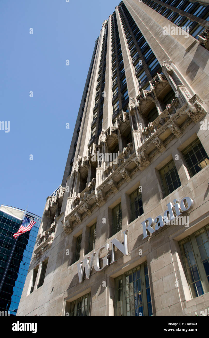 Illinois, Chicago. Historic Chicago Tribune tower also home to WGN Radio, neo-Gothic architecture. Stock Photo