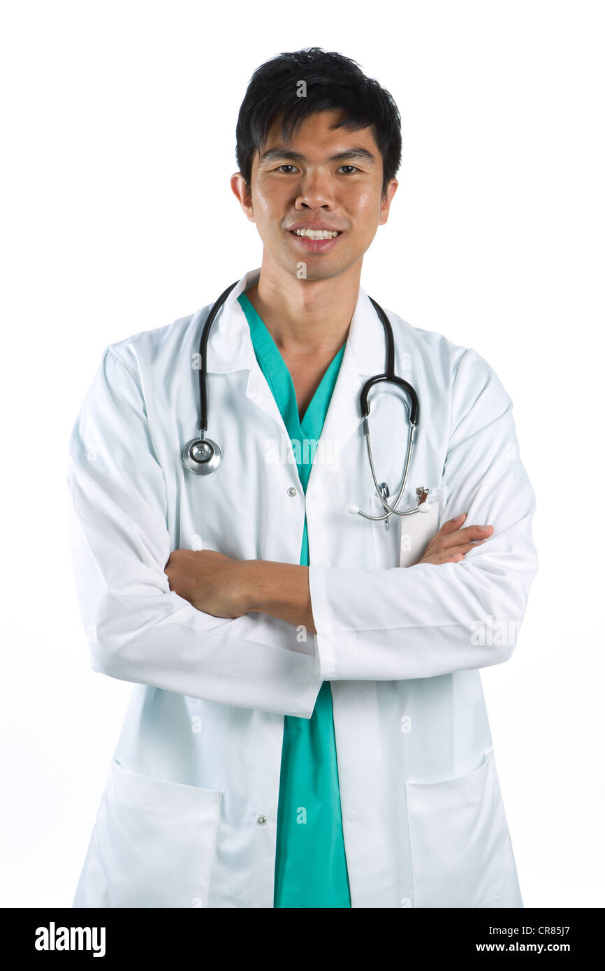 Asian doctor wearing a green scrubs, a white coat with stethoscope ...