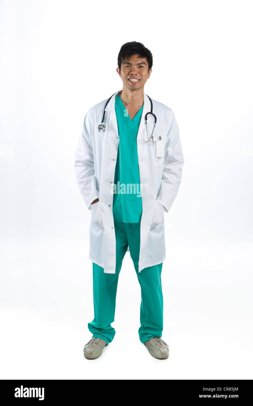 Asian doctor wearing a green scrubs, a white coat with stethoscope