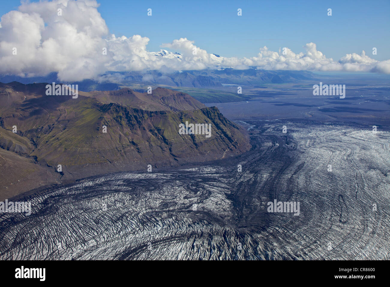 Aerial view, ash structures from the Grimsvoetn volcano in the ice of the tongue of the Vatnajoekull glacier, south Iceland Stock Photo