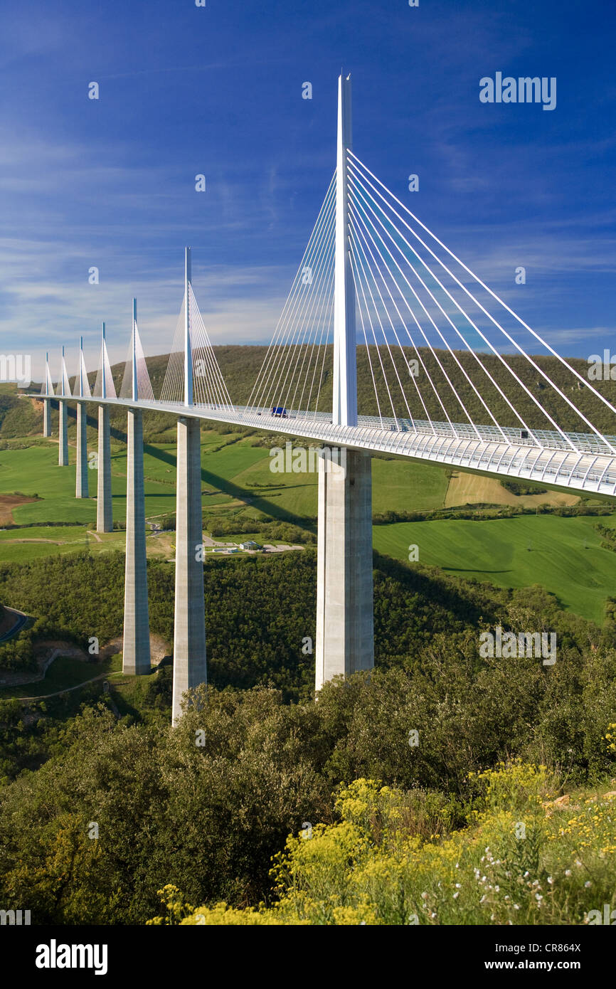 France, Aveyron, Millau motorway viaduct, designed by architect Norman Foster and built by Messrs. Eiffage, spans the Tarn Stock Photo