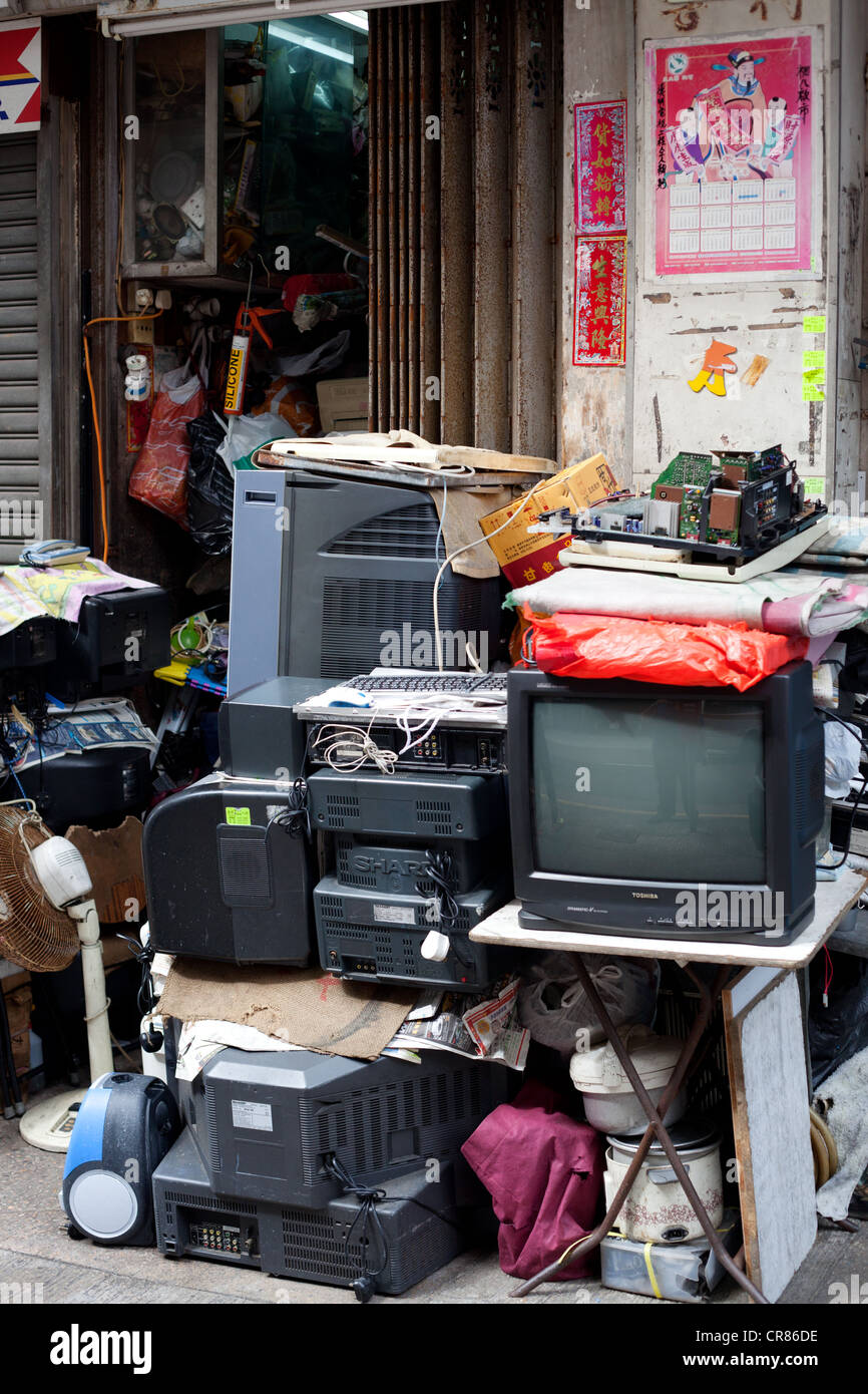 A pile of electronic appliances in the streets of Hong Kong Stock Photo