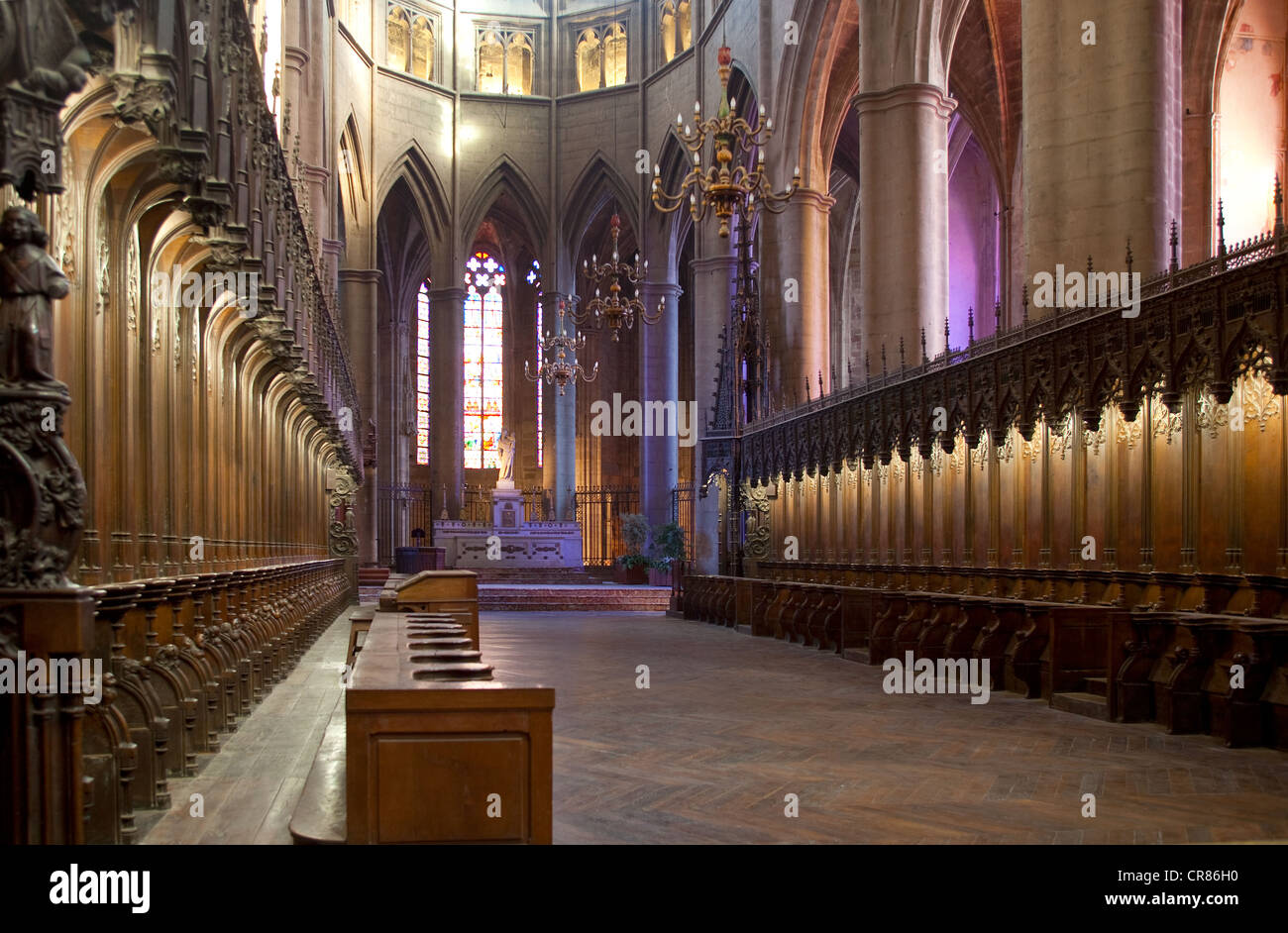 France, Aveyron, Rodez, choir stalls, Notre Dame cathedral, 12th-16th century Stock Photo