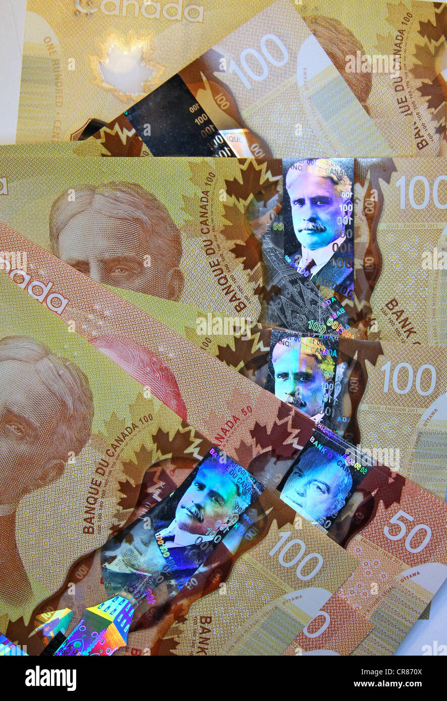 Canada's new anti-counterfeiting polymer banknotes Stock Photo
