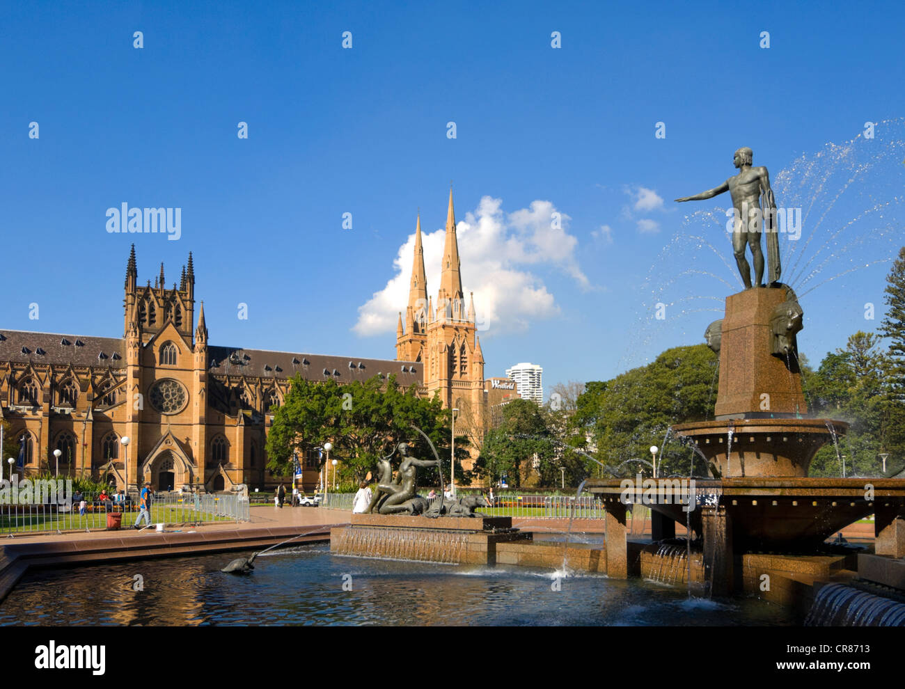 Hyde Park Archibald Fountain And St Mary S Cathedral Sydney New South Wales Australia Stock