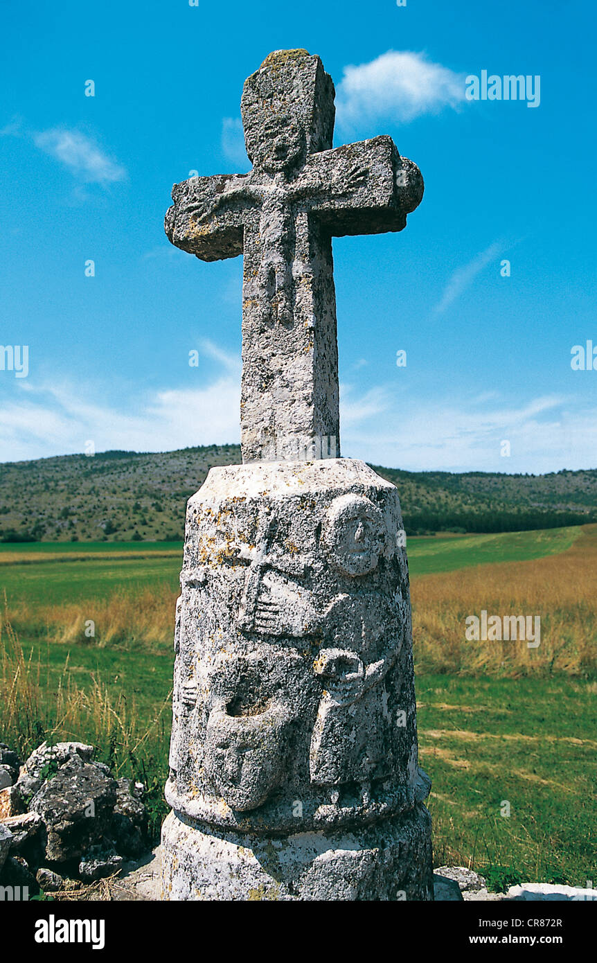 France, Lozere, Le Buffre cross carved, Causse Mejean Stock Photo