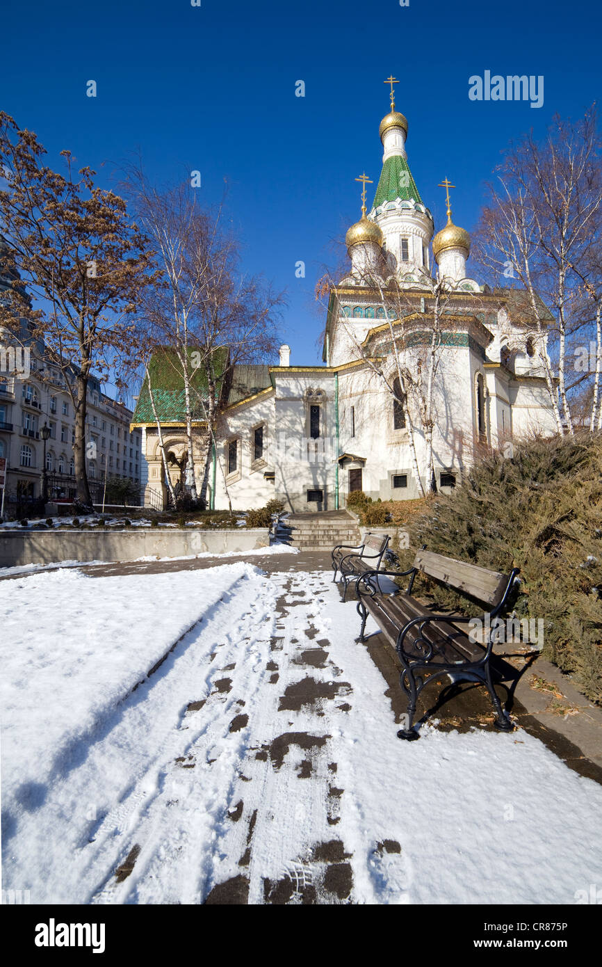 Russian Church of Saint Nicholas the Miracle Maker in the snow in winter in Sofia, Bulgaria Stock Photo