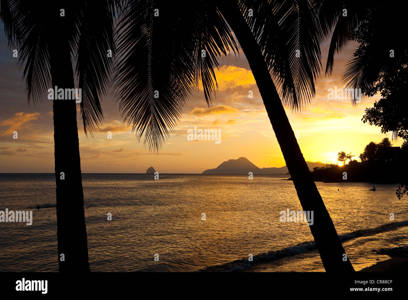 France, Martinique (French West Indies), Anse Figuier, and Diamond Rock in the background, the beach at sunset Stock Photo