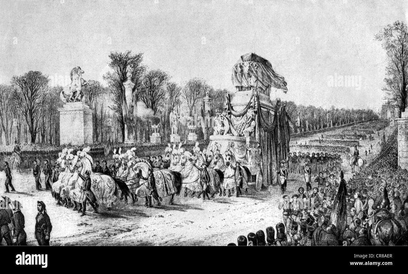 Napoleon I, 15.8.1769 - 5.5.1821, Emperor of the French 1804 - 1815, death, transfer his dead body to Les Invalids, Paris, 15.12.1840, contemporary wood engraving, Stock Photo
