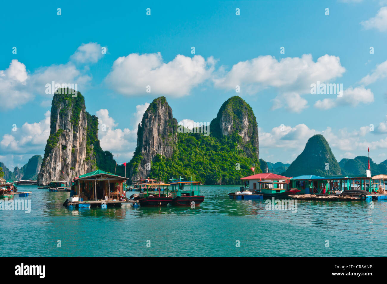 View of Floating Fishing Village in Halong Bay, Vietnam, Southeast Asia Stock Photo