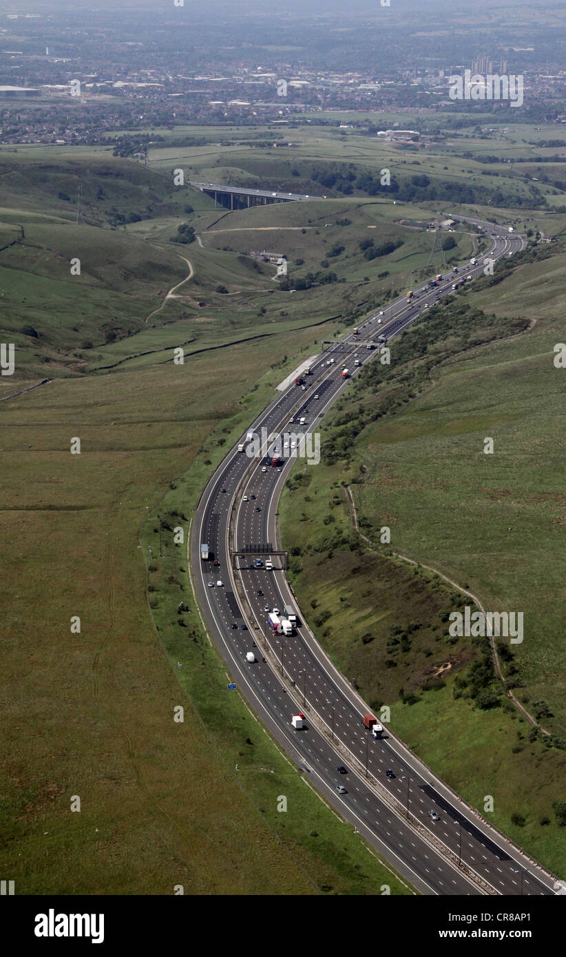 aerial view of the M62 as it crosses the Pennines west towards Manchester Stock Photo