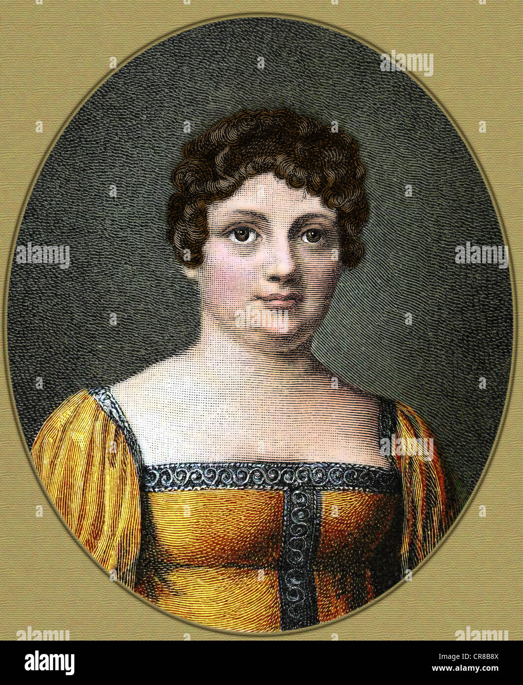 Vulpius, Christiane, 1.6.1765 - 6.6.1816, wife of Johann Wolfgang von Goethe, portrait, later coloured wood engraving after painting by Raabe from 1810, Artist's Copyright has not to be cleared Stock Photo