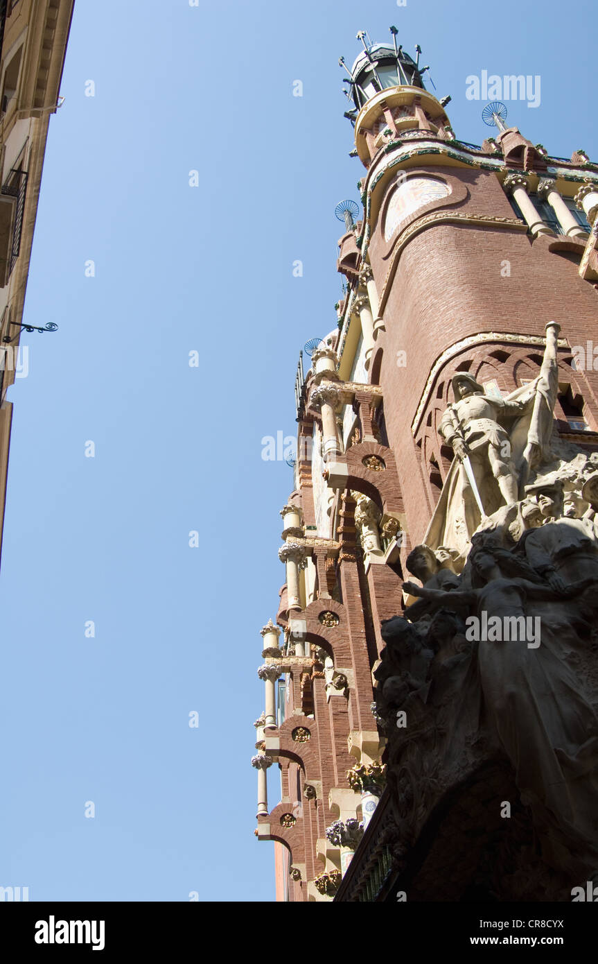 Upward view of the detailed angled corner of the Art Nouveau Palau de la Musica - the music palace, in Barcelona. Stock Photo